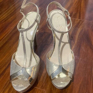 Jessica Simpson Gold Metallic T-Strap Platform Heels